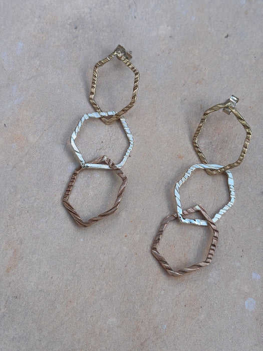 Gold, rose gold and silver hammered hexagon earrings