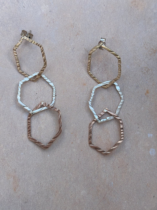 Gold, rose gold and silver hammered hexagon earrings