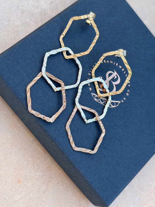 Gold, rose gold and silver hammered hexagon earrings