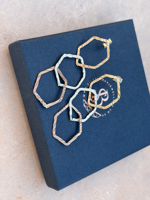 Gold, rose gold and silver hammered hexagon earrings