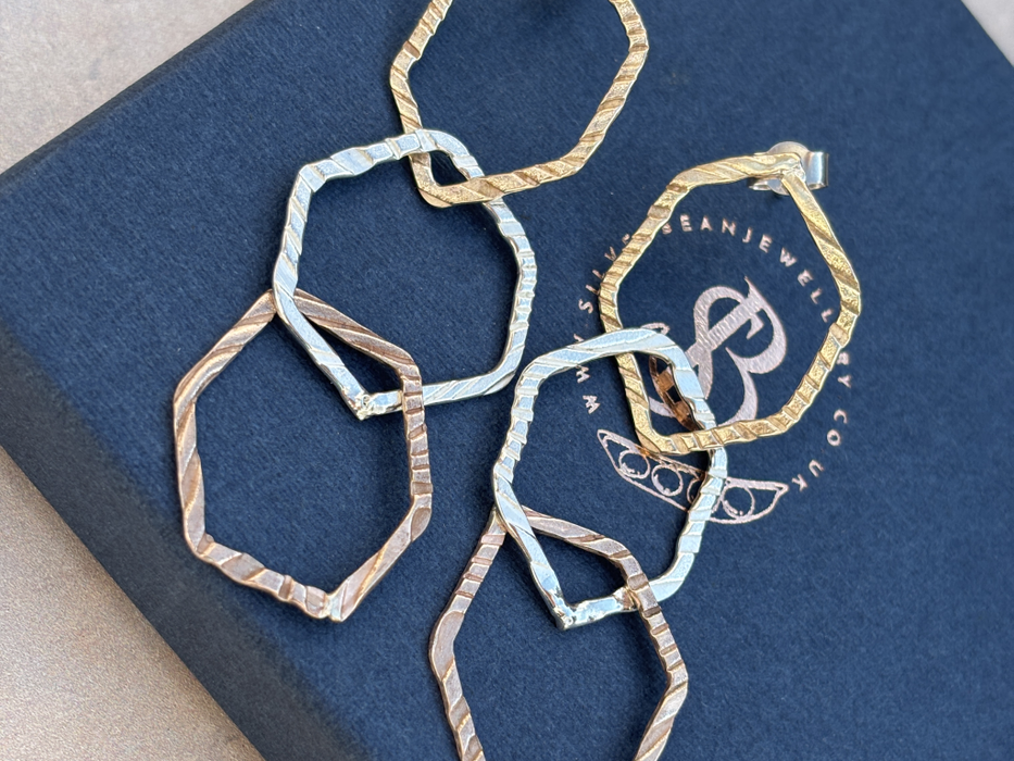 Gold, rose gold and silver hammered hexagon earrings