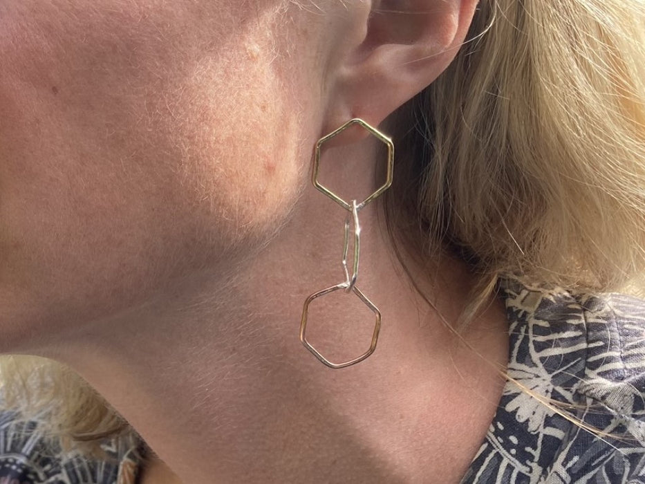Gold, rose gold and silver hammered hexagon earrings
