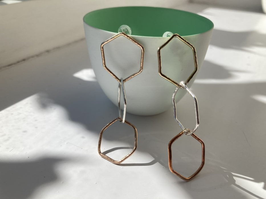 Gold, rose gold and silver hammered hexagon earrings